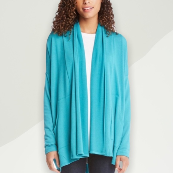 Karen Kane Long Sleeve Open-Front Draped Teal Cardigan Sweater - Picture 8 of 8